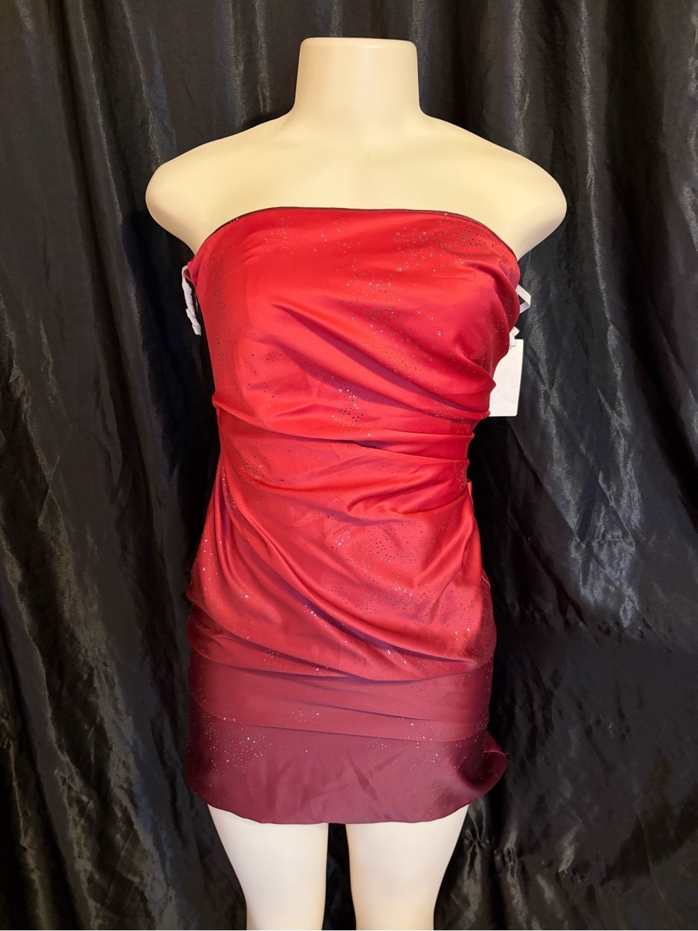 Jump Strapless Red Ruched Mini Dress with Sparkle